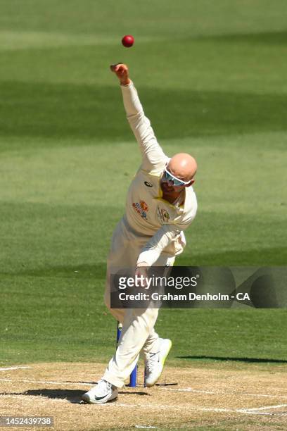 Nathan Lyon of Australia bowls during day one of the Second Test match in the series between Australia and South Africa at Melbourne Cricket Ground...