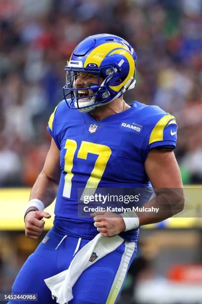 Baker Mayfield of the Los Angeles Rams celebrates a touchdown during the second quarter against the Denver Broncos at SoFi Stadium on December 25,...