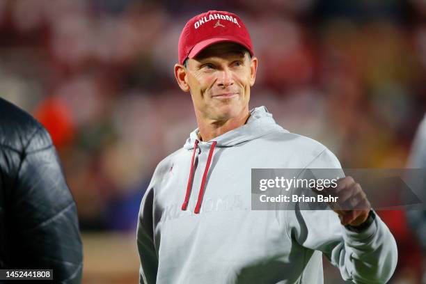 Head coach Brent Venables of the Oklahoma Sooners greets visitors before Bedlam against the Oklahoma State Cowboys at Gaylord Family Oklahoma...