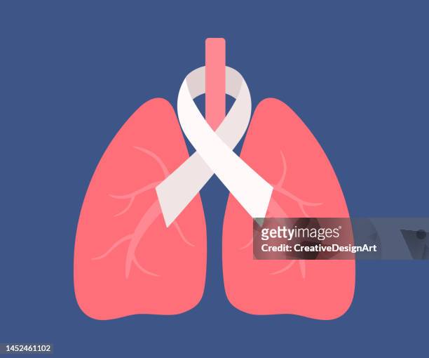menschliche lungen mit weißem krebsband. lungenkrebs-bewusstseinskonzept - lunge stock-grafiken, -clipart, -cartoons und -symbole