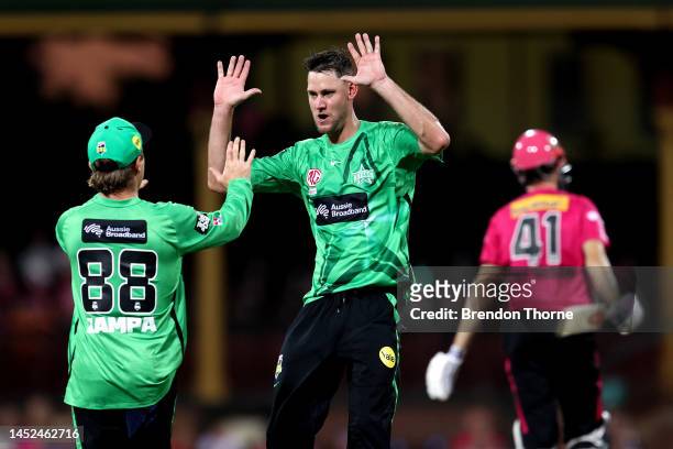 Beau Webster of the Stars celebrates after claiming the wicket of Kurtis Patterson of the Sixers during the Men's Big Bash League match between the...