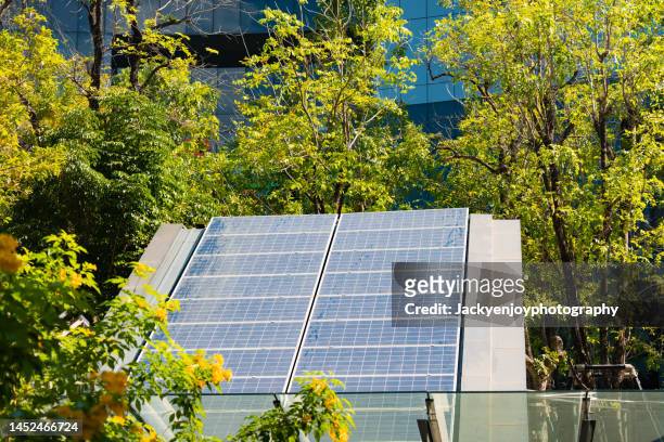 solar panels in the rooftop of house with green trees - climate finance stock pictures, royalty-free photos & images