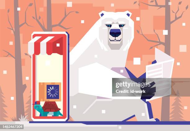 polar bear holding newspaper and sitting beside smartphone online store and waiting tortoise loading parcel for delivery - loader reading stock illustrations