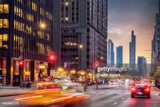 michigan avenue, chicago cityscape - chicago dusk stock pictures, royalty-free photos & images