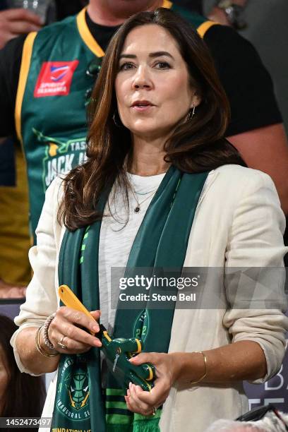 Princess Mary of Denmark looks on during the round 12 NBL match between Tasmania Jackjumpers and New Zealand Breakers at MyState Bank Arena, on...
