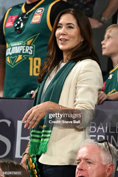 Princess Mary of Denmark looks on during the round 12 NBL match between Tasmania Jackjumpers and New Zealand Breakers at MyState Bank Arena, on...