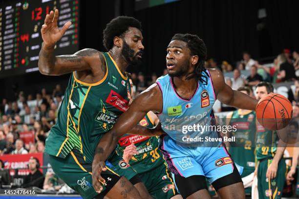 Jarrell Brantley of the Breakers drives to the basket during the round 12 NBL match between Tasmania Jackjumpers and New Zealand Breakers at MyState...