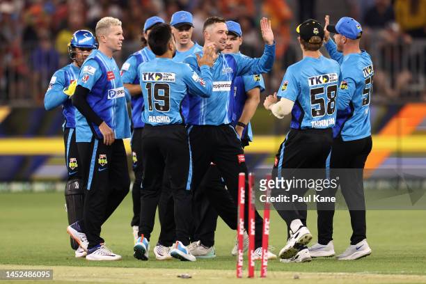 Matthew Short of the Strikers celebrates the wicket of Faf du Plessis of the Scorchers during the Men's Big Bash League match between the Perth...