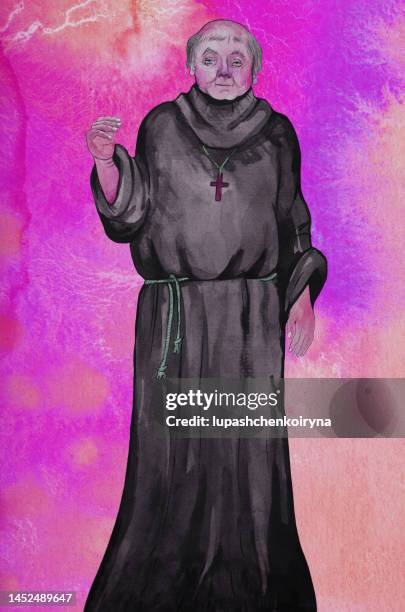 illustration watercolor portrait of bald priest monk in a black cassock on a background from watercolor in shades of pink - crucifix stock illustrations