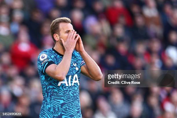 Harry Kane of Tottenham Hotspur reacts during the Premier League match between Brentford FC and Tottenham Hotspur at Brentford Community Stadium on...