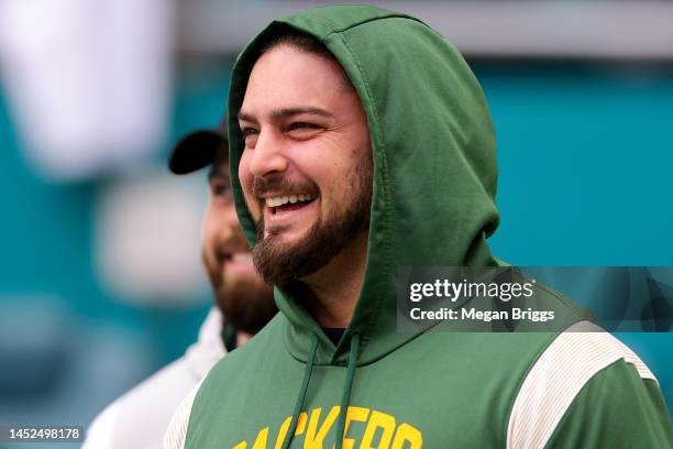 David Bakhtiari of the Green Bay Packers looks on during pregame warm-ups prior to a game against the Miami Dolphins at Hard Rock Stadium on December...