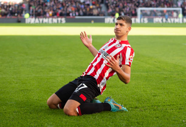 Vitaly Janelt celebrates opening the scoring for Brentford during the Premier League match between Brentford FC and Tottenham Hotspur at Brentford...