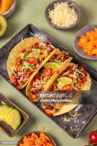 vegane tacos wraps tex mex lebensmittel mit bohnen, avocado, gebratenem blumenkohl und gemüse - cauliflower cheese stock-fotos und bilder