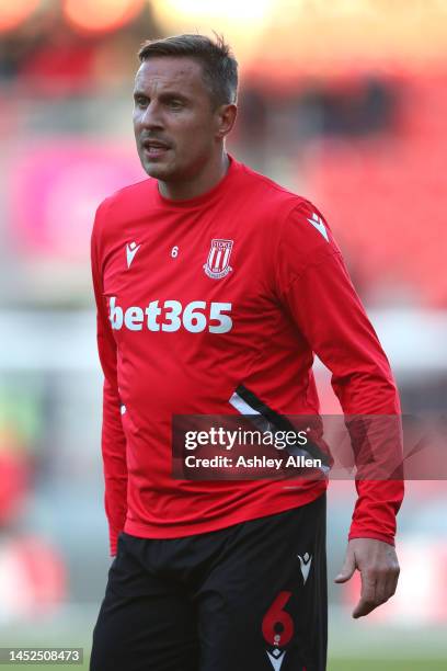 Phil Jagielka of Stoke City warms up ahead of kickoff during the Sky Bet Championship match between Rotherham United and Stoke City at AESSEAL New...