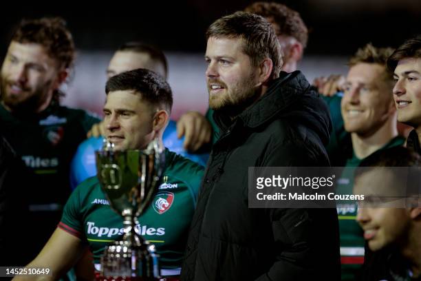 Former Leicester and Gloucester player Ed Slater looks on with the Ed Slater trophy following the Gallagher Premiership Rugby match between Leicester...