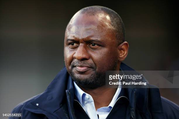 Patrick Vieira, Manager of Crystal Palace looks on prior to the Premier League match between Crystal Palace and Fulham FC at Selhurst Park on...