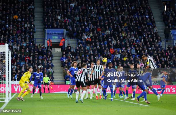 Joelinton of Newcastle United scores the team's third goal during the Premier League match between Leicester City and Newcastle United at The King...