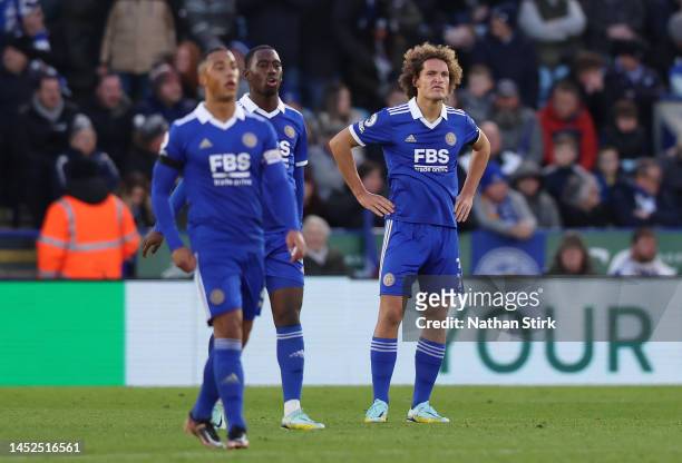 Wout Faes of Leicester City looks dejected after Joelinton of Newcastle United scores the team's third goal during the Premier League match between...