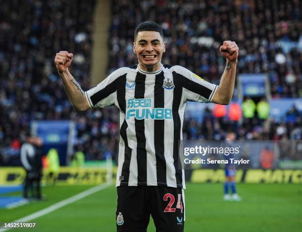 Miguel Almirón of Newcastle United FC celebrates after scoring the second goal during the Premier League match between Leicester City and Newcastle...