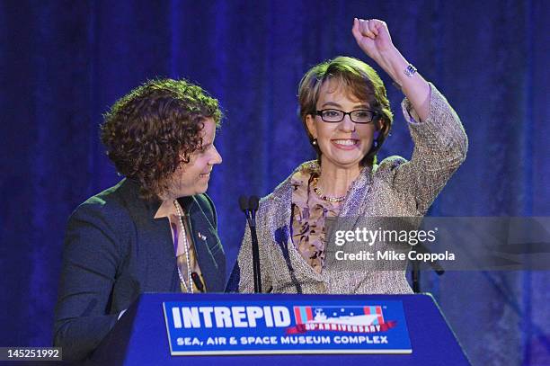 Former Chief of Staff for Gabrielle Giffords, Pia Carusone and former United States Rep. Gabrielle Giffords speak at Intrepid Sea-Air-Space Museum on...