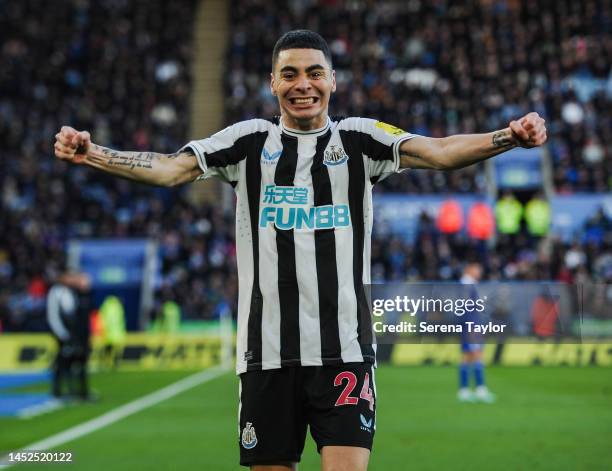 Miguel Almirón of Newcastle United FC celebrates after scoring the second goal during the Premier League match between Leicester City and Newcastle...