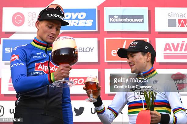 Race winner Mathieu Van Der Poel of The Netherlands and Team Alpecin-Deceuninck and Thomas Pidcock Tof The United Kingdom and Team INEOS Grenadiers...