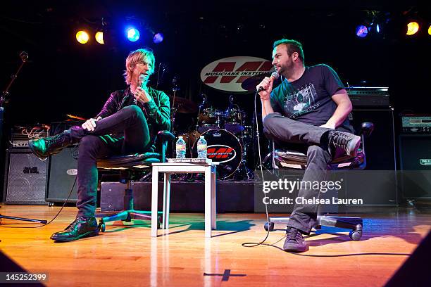 Musician Duff McKagan and radio personality Darren Rose attend the "MI Conversation Series" with Duff McKagan at Musicians Institute Concert Hall on...