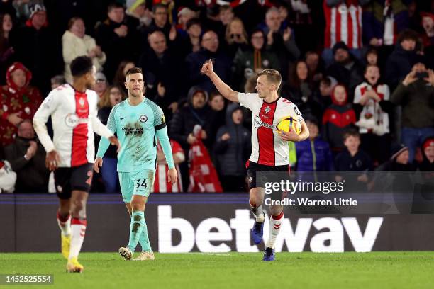 James Ward-Prowse of Southampton celebrates after scoring their sides first goal during the Premier League match between Southampton FC and Brighton...