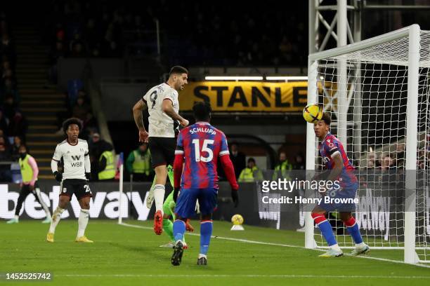 Aleksandar Mitrovic of Fulham scores their sides third goal during the Premier League match between Crystal Palace and Fulham FC at Selhurst Park on...