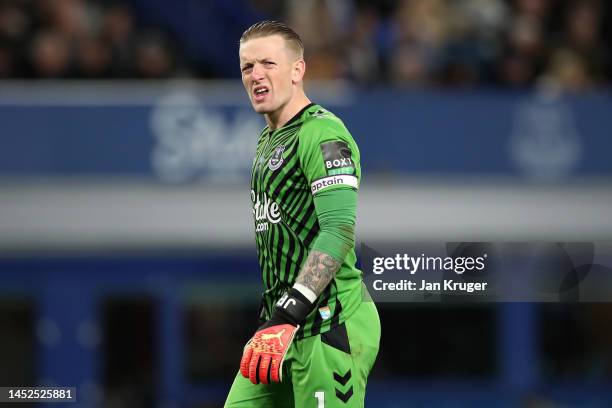 Jordan Pickford of Everton reacts during the Premier League match between Everton FC and Wolverhampton Wanderers at Goodison Park on December 26,...