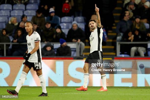 Aleksandar Mitrovic of Fulham celebrates after scoring their sides third goal during the Premier League match between Crystal Palace and Fulham FC at...