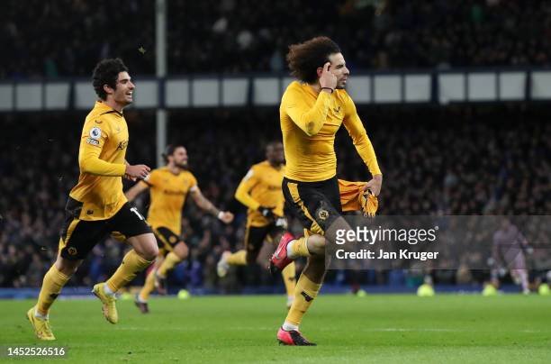 Rayan Ait-Nouri of Wolverhampton Wanderers celebrates after scoring the team's second goal during the Premier League match between Everton FC and...