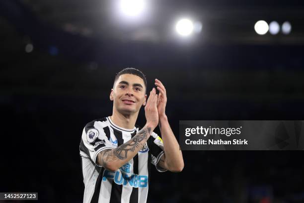 Miguel Almiron of Newcastle United applauds fans after being substituted off during the Premier League match between Leicester City and Newcastle...