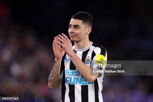 Miguel Almiron of Newcastle United applauds fans after being substituted off during the Premier League match between Leicester City and Newcastle...