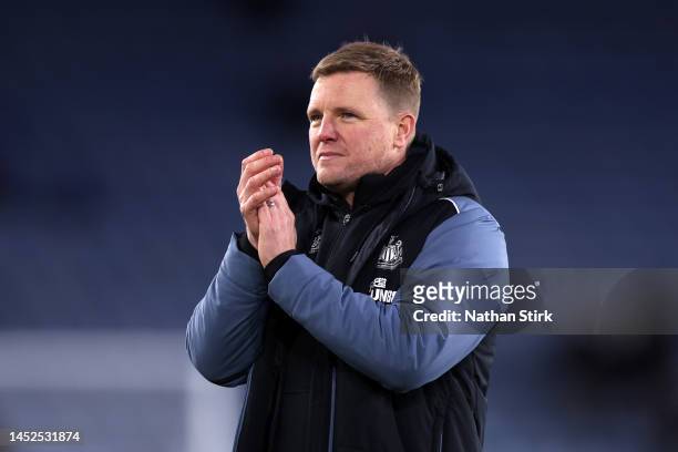 Eddie Howe, Manager of Newcastle United applauds fans following their side's victory in the Premier League match between Leicester City and Newcastle...