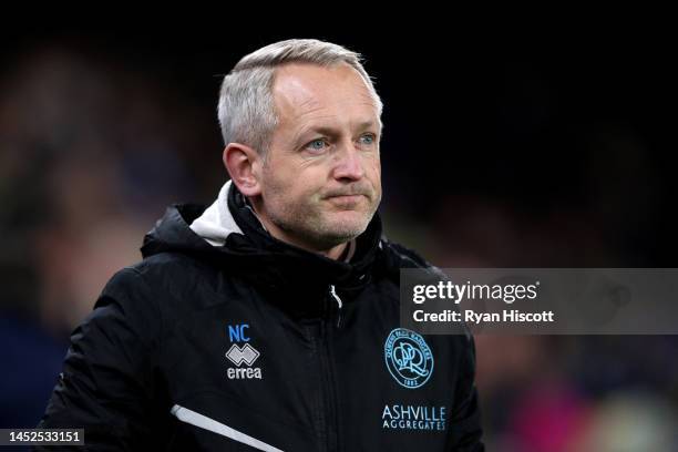 Neil Critchley, Manager of Queens Park Rangers, looks on prior to the Sky Bet Championship between Cardiff City and Queens Park Rangers at Cardiff...