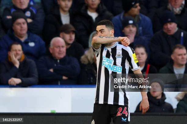 Miguel Almiron of Newcastle United celebrates after scoring the team's second goal during the Premier League match between Leicester City and...