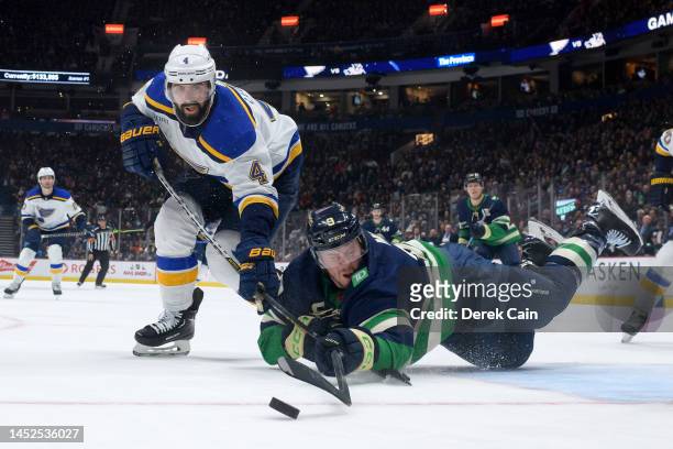 Miller of the Vancouver Canucks and Nick Leddy of the St. Louis Blues battle for the puck during the second period of their NHL game at Rogers Arena...