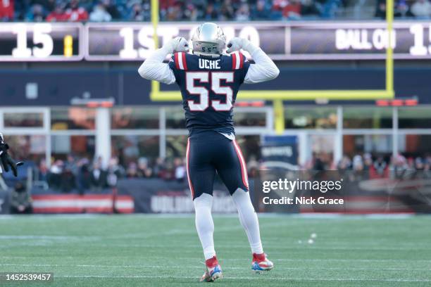 Josh Uche of the New England Patriots reacts during the second quarter against the Cincinnati Bengals at Gillette Stadium on December 24, 2022 in...