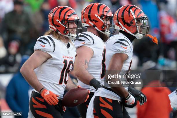 Trenton Irwin of the Cincinnati Bengals reacts after scoring a touchdown during the third quarter against the New England Patriots at Gillette...