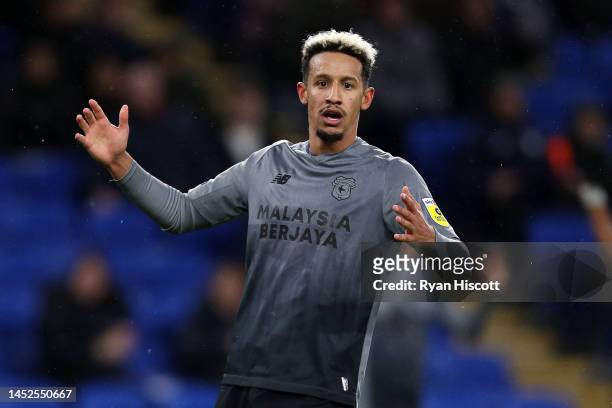 Callum Robinson of Cardiff City reacts during the Sky Bet Championship between Cardiff City and Queens Park Rangers at Cardiff City Stadium on...