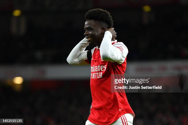 Bukayo Saka of Arsenal reacts after their goal is ruled offside during the Premier League match between Arsenal FC and West Ham United at Emirates...
