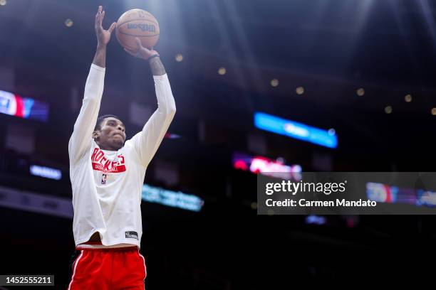 Kevin Porter Jr. #3 of the Houston Rockets takes practice shots during a warm up prior to a game at Toyota Center on December 23, 2022 in Houston,...