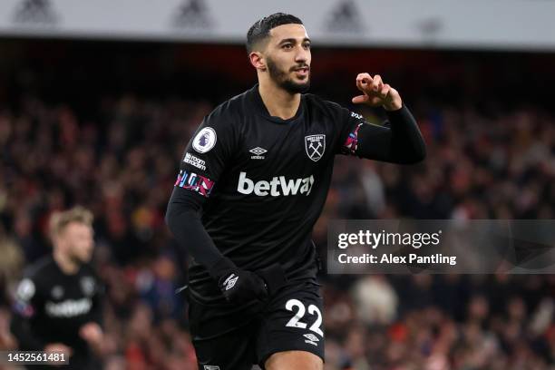 Said Benrahma of West Ham United celebrates after scoring their side's first goal from the penalty spot during the Premier League match between...