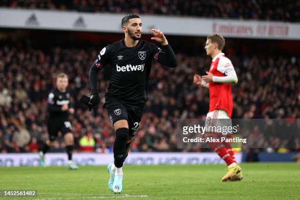 Said Benrahma of West Ham United celebrates after scoring their side's first goal from the penalty spot during the Premier League match between...