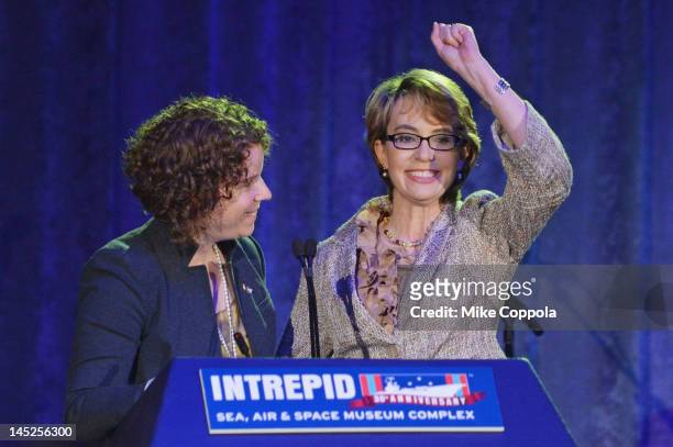 Former Chief of Staff for Gabrielle Giffords, Pia Carusone and former United States Rep. Gabrielle Giffords speak at Intrepid Sea-Air-Space Museum on...