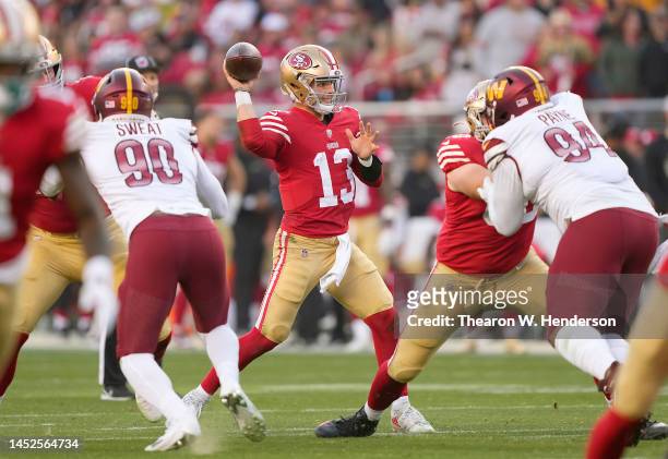 Brock Purdy of the San Francisco 49ers throws a pass against the Washington Commanders during the fourth quarter of an NFL football game at Levi's...