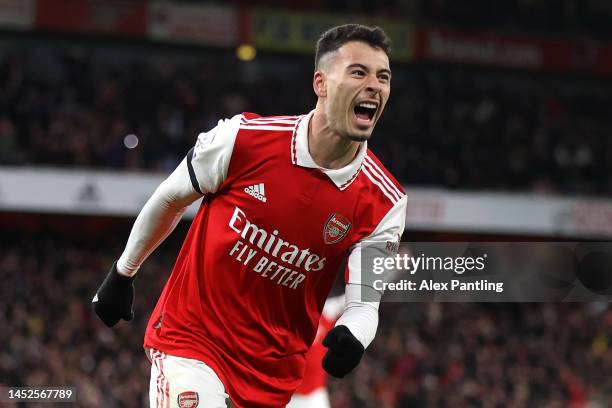 Gabriel Martinelli of Arsenal celebrates after scoring their side's second goal during the Premier League match between Arsenal FC and West Ham...