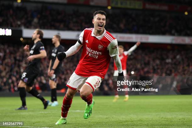 Gabriel Martinelli of Arsenal celebrates after scoring their side's second goal during the Premier League match between Arsenal FC and West Ham...