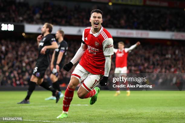 Gabriel Martinelli of Arsenal celebrates after scoring their side's second goal during the Premier League match between Arsenal FC and West Ham...